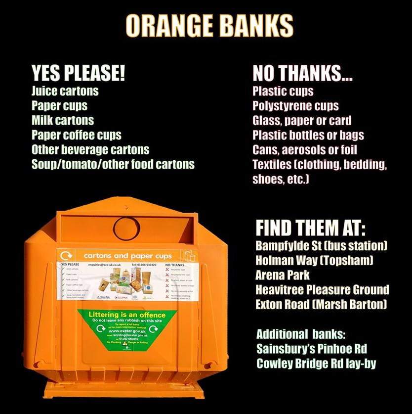 Poster describing locations of Orange Rycling bins in Exeter